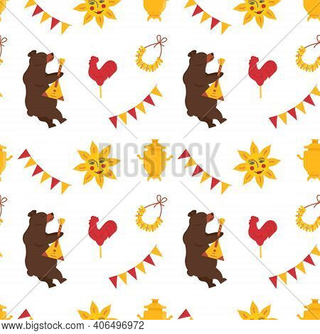 Seamless Pattern For Maslenitsa Pancake Week. A Bear Playing On Balalaika. Samovar, Folk Ethnic Sun,