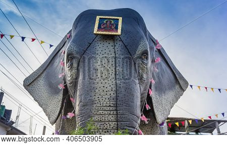 Chitwan, Nepal - November 09, 2019: Sculpture Of An Elephant In Main Street Sauraha, Nepal