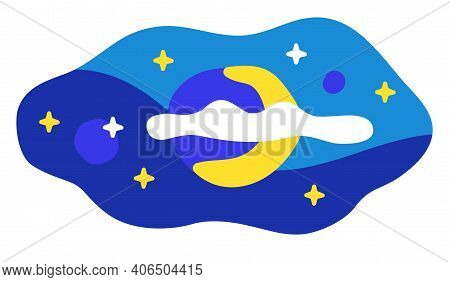 Night Sky With Stars And Half Moon. Abstract Shape On White.