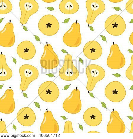 Yellow Ripe Pears With Leaves, Cut Lengthwise And Crosswise. Seamless Repeating Colored Pattern On A