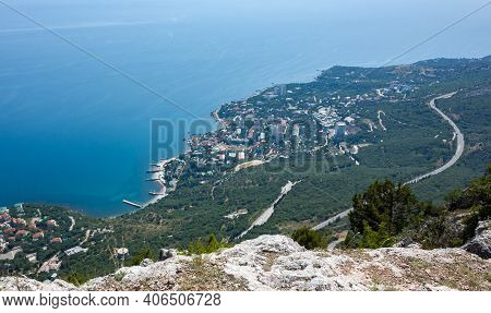 View Of The South Coast Highway From The Height Of The Yalta Yaila In Crimea.
