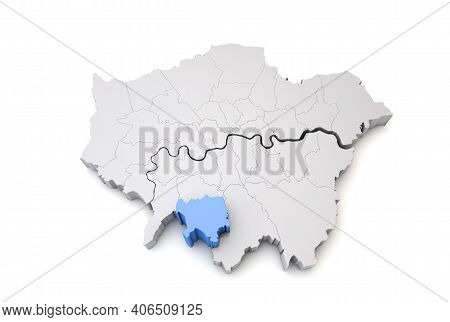 Greater London Map Showing Sutton Borough In Blue. 3d Rendering