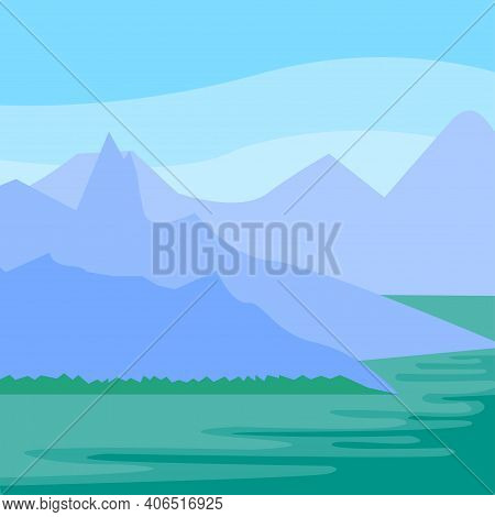 Mountaineering And Traveling Vector Flat  Illustration. Landscape With Mountain Peaks And Sea . Extr