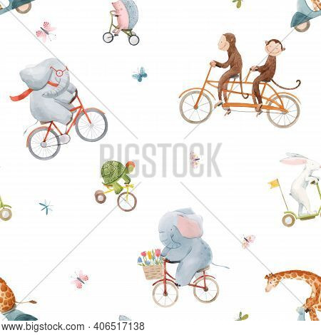 Beautiful Vector Seamless Pattern For Children With Watercolor Hand Drawn Cute Animals On Transport.