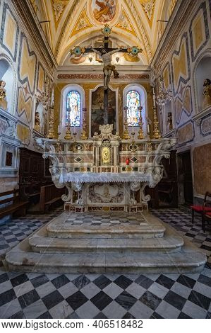 CORNIGLIA, ITALY - october 2020: inside of the Sant Pietro church in Corniglia village in Cinque Terre on the Italian Riviera
