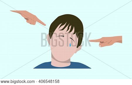 Taunts The Child. Vector. Baby Crying And Other Children Bullying And Pointing Fingers.