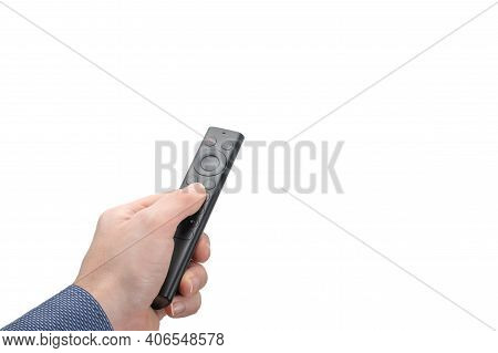 Online Media Control. Man Hand With Modern Remote Control Isolated On White Background. Remote Contr