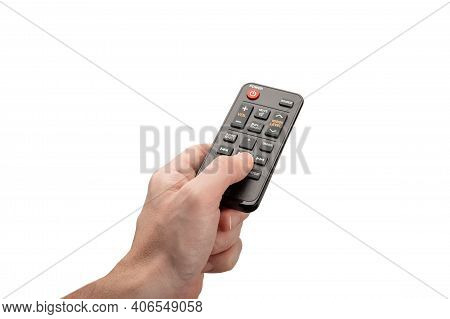 Online Tv Media Control. Man Hand With Modern Remote Control Isolated On White Background. Remote Co