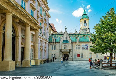 Bratislava, Slovakia - July 8, 2019:  Tourists In Primacialne Square In The Old Town