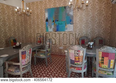 Interior View Of A Room With Traditional Furniture From Western India. Restaurant Room With A Beauti