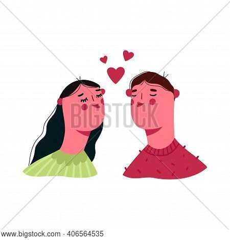Cute, Romantic Couple In Love. Man And Woman Haracters For The Feast Of Valentines Day Isolated On A