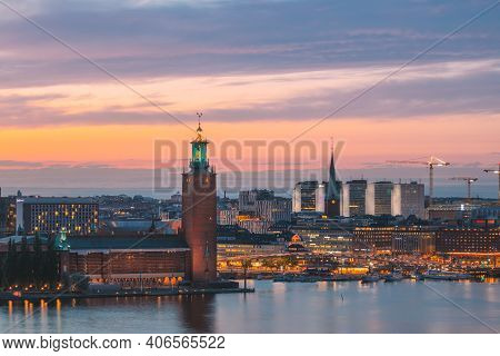 Stockholm, Sweden - June 29, 2019: Scenic Skyline View Of Famous Tower Of Stockholm City Hall And St