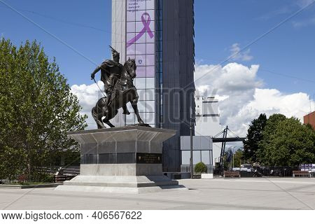 Pristina, Kosovo - May 22 2019: Bronze Statue Of Skanderbeg At Skanderbeg Square Opposite The Govern