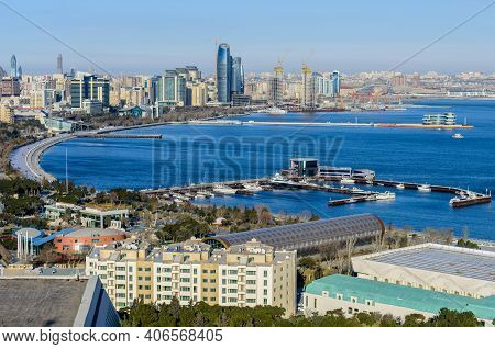 Baku, Azerbaijan - February 23, 2017: Baku Aerial Panoramic View From The Martyrs Lane Viewpoint, Wh