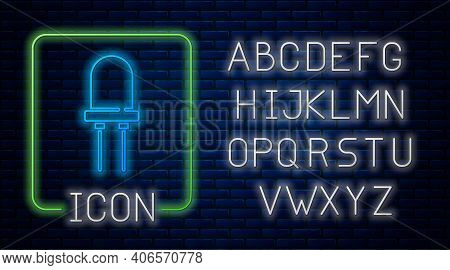 Glowing Neon Light Emitting Diode Icon Isolated On Brick Wall Background. Semiconductor Diode Electr