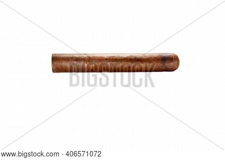 Close Up View Of Nice Robusto Cuban Cigar On White Back