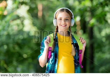 Music Is Playing. Happy Girl Wear Headphones Natural Landscape. Listen Technology. Vacation Travel. 