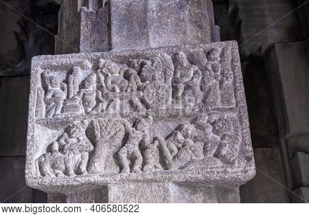 Bagalakote, Karnataka, India - November 7, 2013: Pattadakal Temple Complex. Gray Stone Erotic Tablea