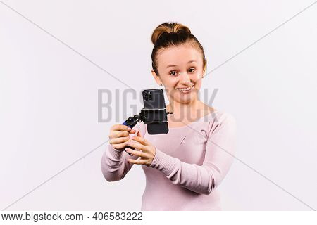 Caucasian Young Girl Is Broadcasting Live For Her Subscribers. Motivational Psychotherapy Blogger On