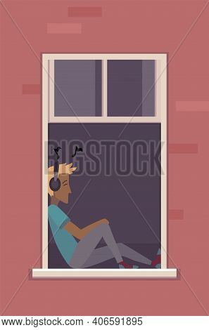 Window With People. Apartment Building With People In Open Window Spaces. Outer Wall Of House With M