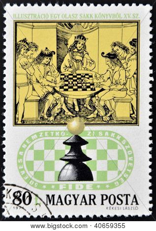 známka vytištěna v Maďarsku ukazuje královské šachy strany z 15 století italské šachové knihy asi 1974