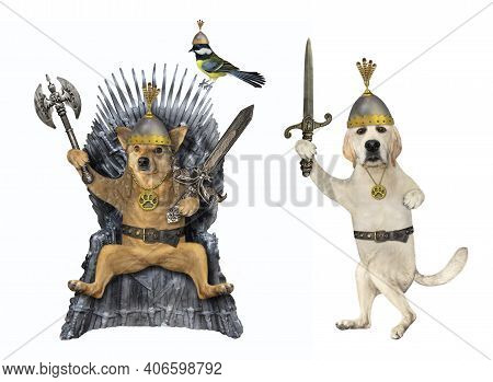 A Dog King In A Helmet Armed With A Sword And An Ax Is Sitting On An Iron Chair. His Warrior Is Next