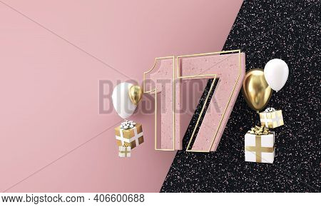 Happy 17th Birthday Party Celebration. Modern Marble Composition 3d Render