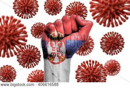 Serbia Flag Fist Fighting Off Coronavius Disease
