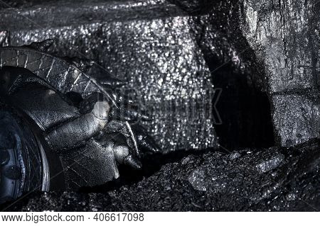 Shearer Drill Head In A Coal Mine. Extraction Of Coal By Underground Method.