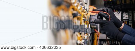 Electrician Engineer Work Tester Measuring Voltage And Current Of Power Electric Line In Electical C