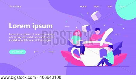 Happy People Mixing Sugar In Big Cup Of Tea. Spoon, Office, Lunch Flat Vector Illustration. Hot Beve