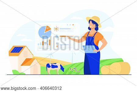 Happy Female Farmer Working On Farm To Feed Population Flat Vector Illustration. Cartoon Farm With A