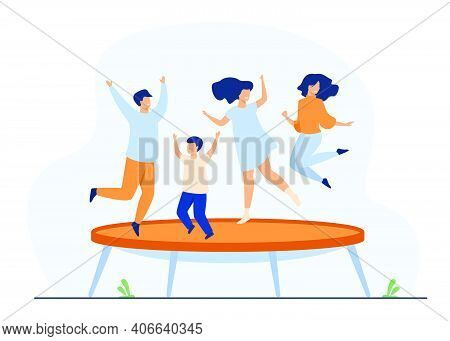 Happy Friends Jumping On Trampoline Flat Vector Illustration. Cartoon People Having Fun And Bouncing