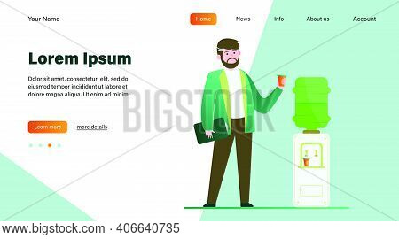 Man Drinking Water At Cooler. Office Employee, Worker, Work Break Flat Vector Illustration. Beverage