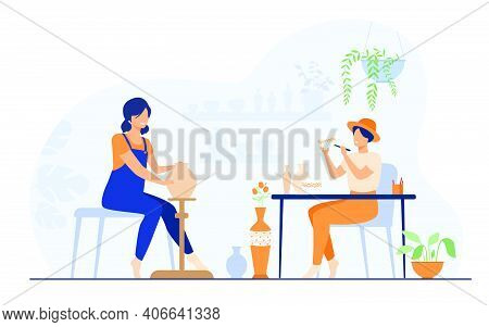 Smiling Female Artists Creating Ceramic Vase From Clay Isolated Flat Vector Illustration. Cartoon Ce