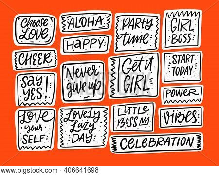 Hand Drawn Calligraphy Phrases Set. Bubble Frames Stickers. Stock Vector Illustration.