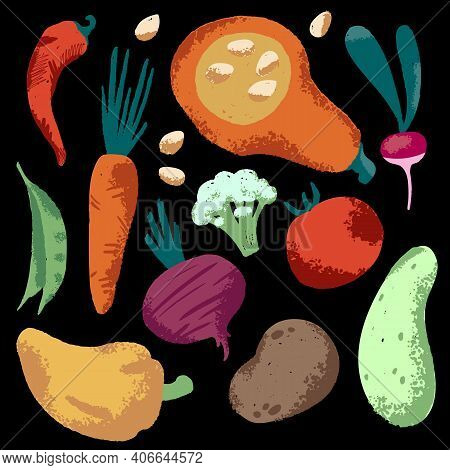 Textured Vegetable Handdrawn Illustration On Black Background. Radish, Beet Root, Cucumber, Tomato, 
