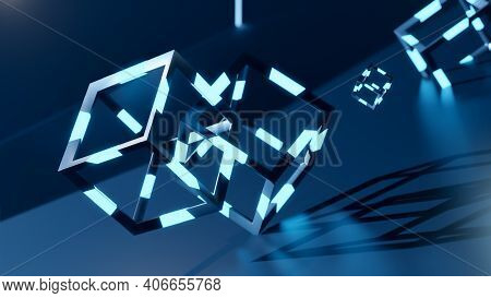 3d Render Of Blochain Cobes In Neon Blue Light. Big Data Concept. Artificial Intellegence. Abstract 