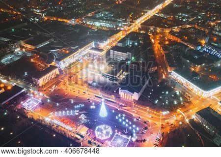 Gomel, Belarus. Main Christmas Tree And Festive Illumination On Lenin Square In Homel. New Year In B