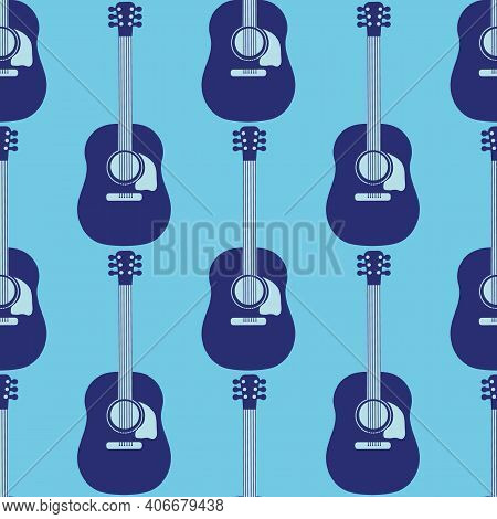 Acoustic Guitar Vector Seamless Pattern Background. Dark And Light Blue Musical String Instrument Du