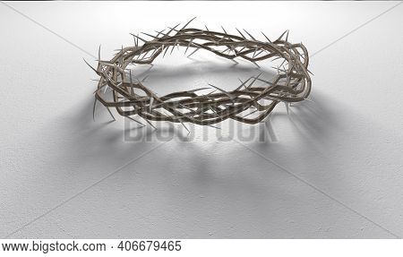 Branches Of Thorns Woven Into A Crown Depicting The Crucifixion Casting A Shadow On Isolated White B