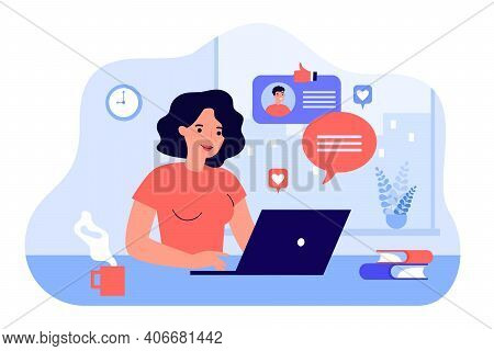 Happy Woman Chatting Or Dating With Boyfriend Online Flat Vector Illustration. Cartoon Young Lady Se