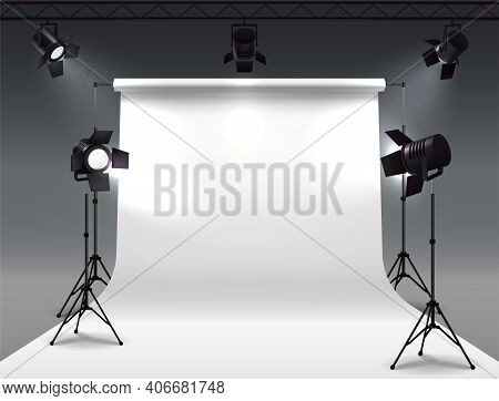 Spotlights Realistic Composition With Cyclorama And Studio Spot Lights Hanging On Reel And Mounted O