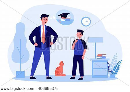 Angry Father Talking With Son About Poor Study. School, Pupil, Dad Flat Vector Illustration. Family 