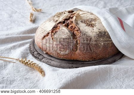 No Knead Handmade Loaf On Cutting Board On Textile With Linen Towel, Spelt Ears. German Bauernbrot M