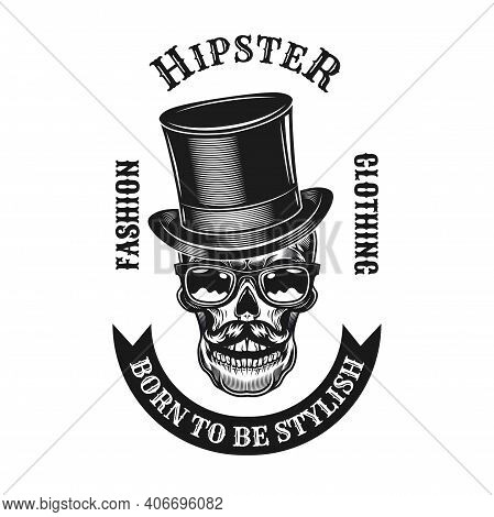 Modern Black Hipster Style Label Vector Illustration. Monochrome Emblem With Stylish Skulls In Eyegl