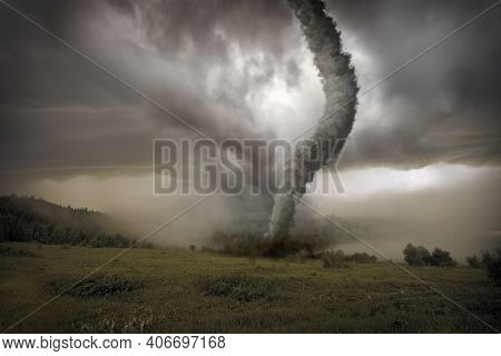 Sky With Epic Dramatic Storm Clouds Over A Tornado. A Very Strong Tornado.