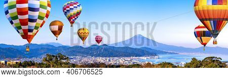 Panorama Landscape Of Mt. Fuji / Fuji Mountain And Shimizu Industrial Port With Colorful Hot Air Bal