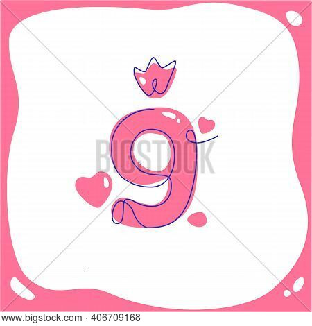 Cartoon Number Nine For Kids Birthday. Vector Line Art. One Line. Vector Illustration