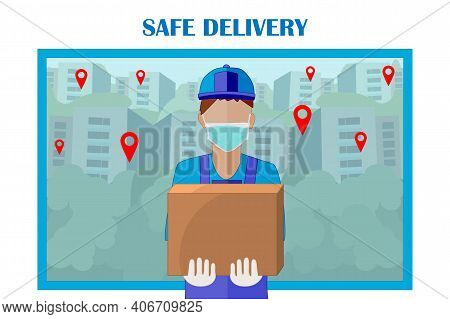 Safe Food Or Merchandise Delivery To Home During Coronavirus Covid-19 Epidemic. Courier Holding A Bo